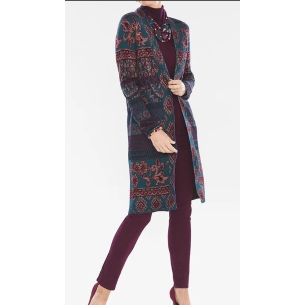 Chico’s Metallic Floral Tapestry Jacquard Open Front Duster Cardigan